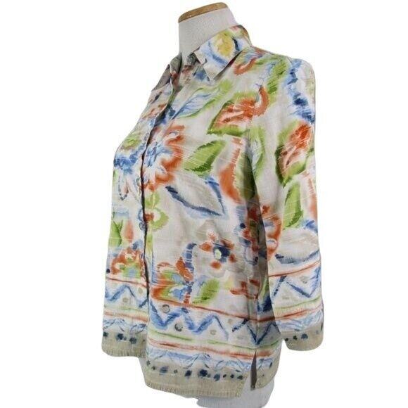 Alfred Dunner Button Front Blouse Aztec Floral Motif Size 8P Shoulder Pads - Picture 7 of 8